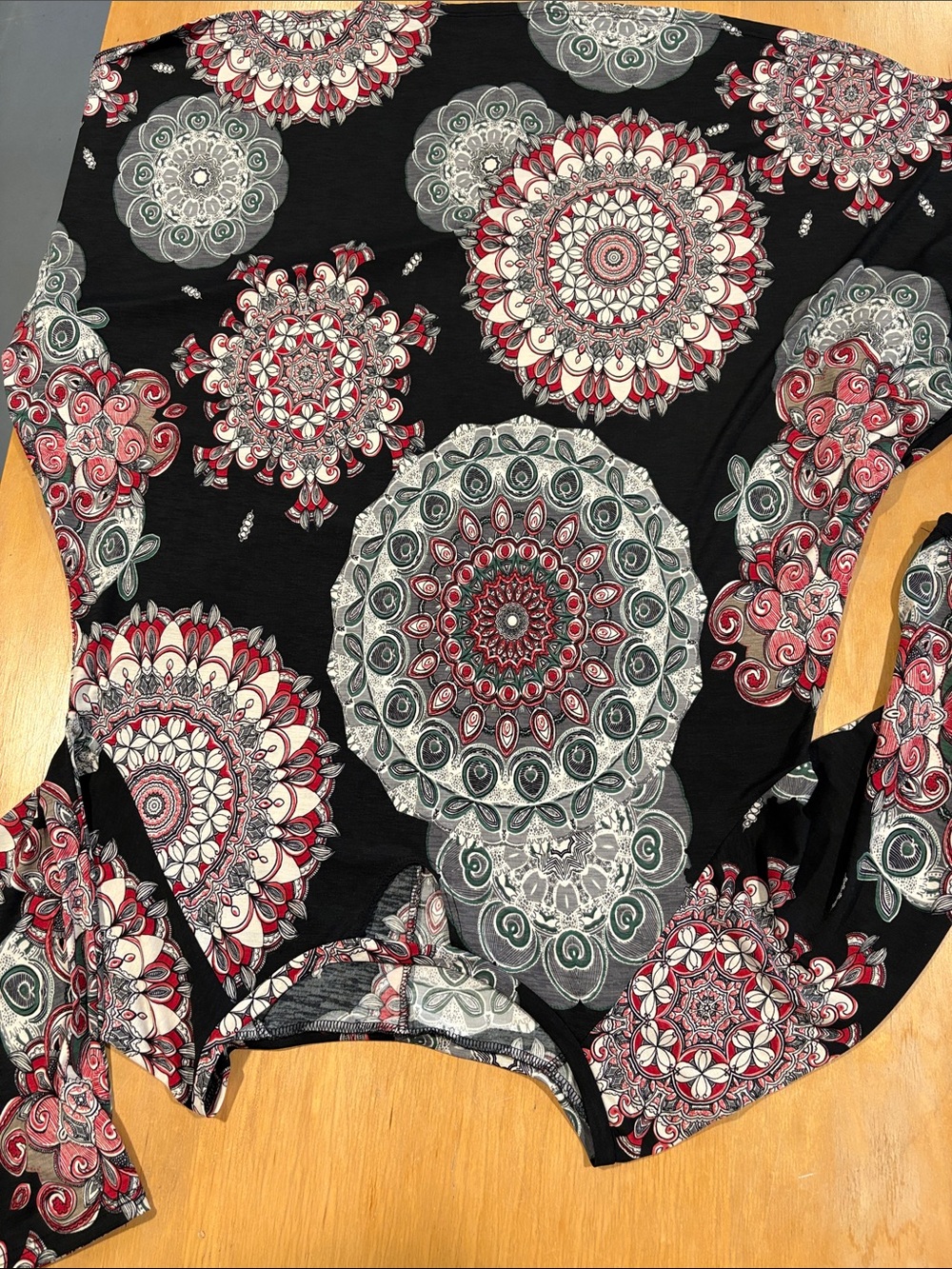 Source Unknown Black Long Sleeve Top with Red and Gray Mandala Print